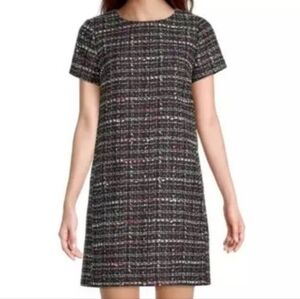 Loft Outlet Black Pink White Tweed Short Sleeve Shift Dress Size 8